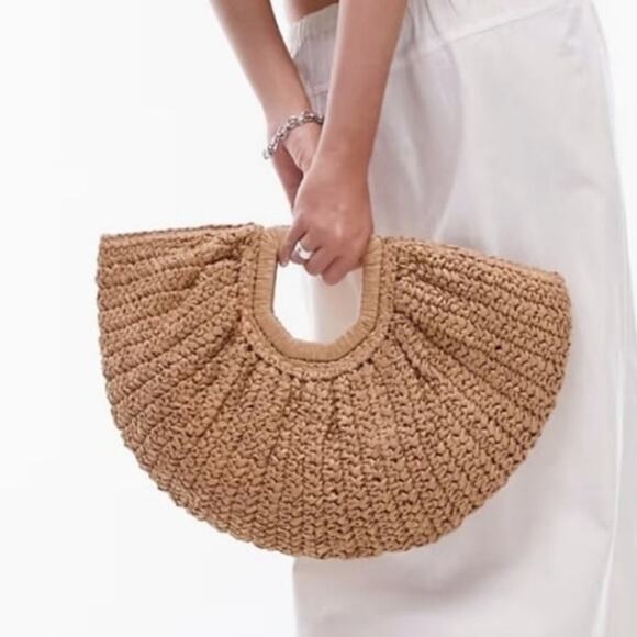 Ramla Handbags - RAMLA Boho Half Moon Straw Crochet Lined Woven Hobo Clutch Handbag Tan NEW